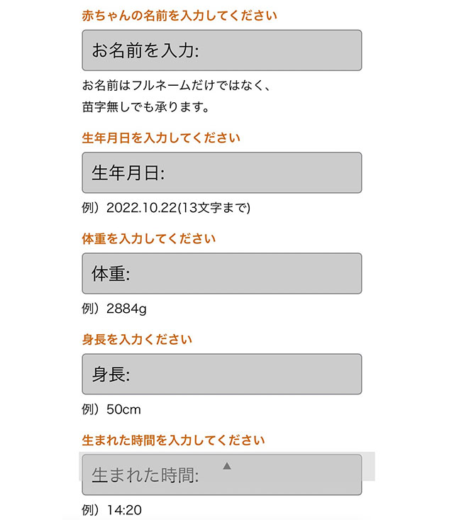 まずはスプーンに刻印する赤ちゃんの名前、生年月日、身長、体重、生まれた時間をご記入ください