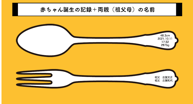 銀のスプーンには誕生の記録銀のフォークには両親の名前を刻印